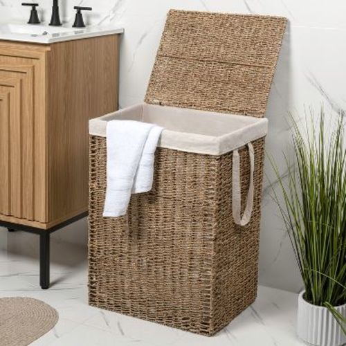 happimess Reed Coastal Bohemian Handwoven Seagrass Laundry Hamper 85L (22.5 Gallon) with Lid and Removable Liner, Natural