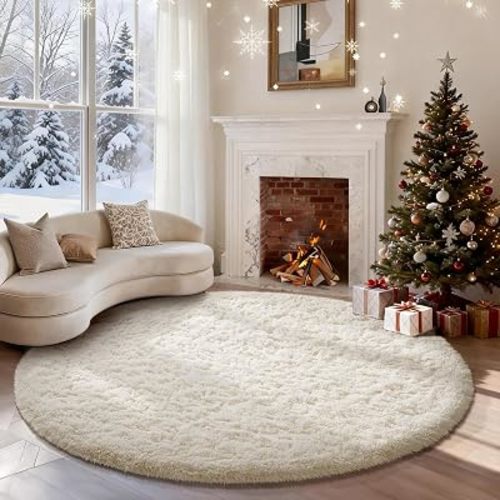 Ophanie Round Rugs 6Ft Ivory Circle Area Rug, Aesthetic Room Decor, Fluffy Fuzzy Bedroom Carpet, Plush Soft Shaggy Cream Living Room Rugs for Kids Home Decor, Nursery with Over 99 pcs Pile fibers