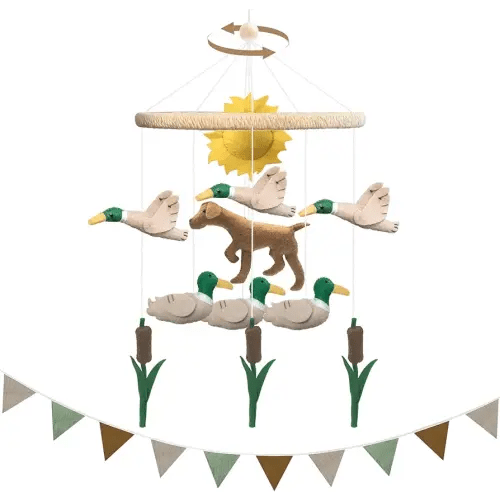 Mallard Duck Baby Crib Mobile Set with 7.75 ft Pennant Banner Flags Handmade Felt Mobile for Boys and Girls Duck Hunting Nursery Decor Birthday Party Decorations Baby Shower Newborn Gifts