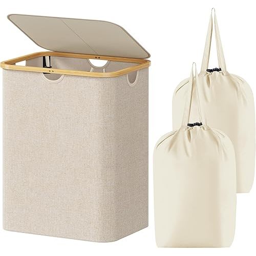 Lifewit 120L Large Laundry Hamper with Lid, Foldable 2 Section Laundry Basket with Bamboo Handles and Removable Bags for Laundry Room, Bathroom, Bedroom, Beige