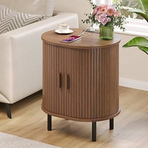 Oval Side Table with Charging Station, 3-Tier End Table with Storage, Fluted Nightstand with Sliding Door, Mid-Century Sofa Couch Tables, Small Bedside Table for Living Room, Bedroom, Walnut