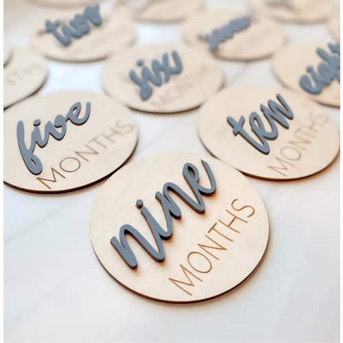 Baby Monthly Milestone Markers Disc, Wooden 3D Milestone Cards for Photos, Baby Announcement Sign,Slate Blue, 1-12 Months, 4 Inches in Size.