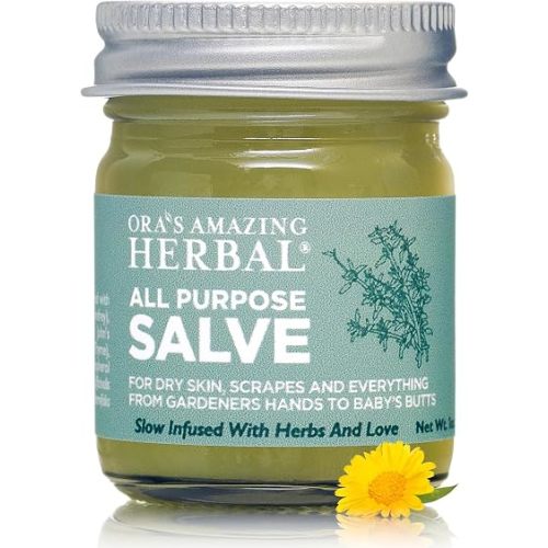 Ora's Amazing Herbal All Purpose Salve, Natural Healing Ointment, Tea Tree Oil Skin Balm, Comfrey Calendula Thyme Plantain, Hand Salve, Rash Cream, Dry Skin Repair, Itch Relief, 1 oz Glass Jar