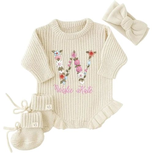 Personalized Chunky Knit Sweater Romper, Custom Baby Name, Embroidered Baby Outfit, Infant One-Piece Keepsake