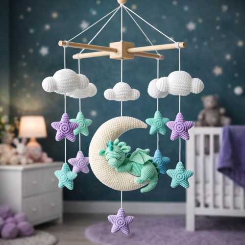 Handmade Crochet Dragon Baby Mobile – Mint & Lavender Nursery Crib Mobile