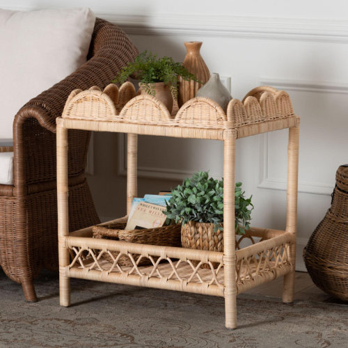 Dakota Fields Bali & Pari Eloisa Natural Rattan End Table - Handwoven Wicker 2-Tier Side Table With Scalloped Border For Living Room Or Bedroom | Wayfair