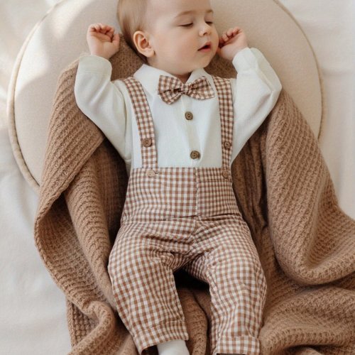 3pcs 's Gentleman Outfit Set - 0-18 Months Soft Warm Button-Front Romper with Plaid Suspender Pants & Bow Tie | Blue Gingham-Like Check Pattern, White Shirt & Adjustable Suspenders | Machine Washable Fall Winter Formal & Everyday Clothes,