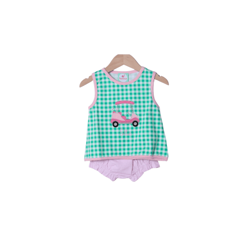 Applique Golf Cart Green/Pink Gingham Bloomer Set