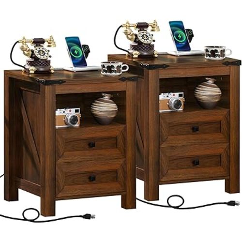 Joaxswe Nightstands Set of 2 with Charging Station, Farmhouse Side End Table with 2 Drawers and Open Shelf, Wood Rustic Sofa Table, Bedside Cabinet for Bedroom, Living Room, Closet, Office(Brown)