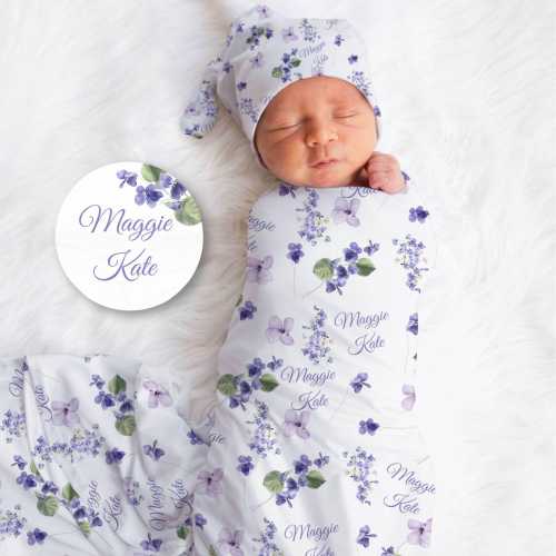 Violet Flowers Swaddle Set, Violet Flowers Swaddle, Personalized Baby Blanket, Purple Violet Blanket, Violet Baby Shower Gift,Newborn Photos