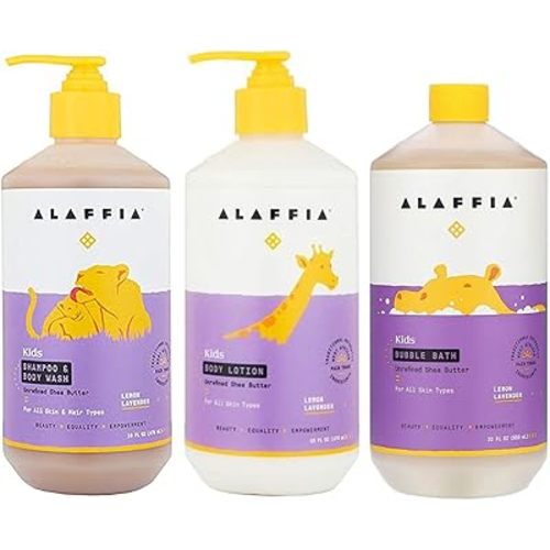 Alaffia Babies and Kids Shampoo and Body Wash 16 Oz, Body Lotion 16 Oz and Bubble Bath 32 Oz Bundle - Gentle and Calming, Supports Soft Hair and Skin with Shea Butter, Coconut Oil - Lemon Lavender