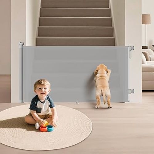 Retractable Baby Gate for Stairs & Doorways, 34" Tall Extends to 55" Wide, Mesh Baby & Pet Gate with Anti-Crawling Hook, Safety Gate for Toddlers, Doorways, Hallways, Indoor, Gray