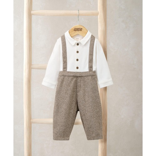 Mock Shirt & Braces Romper - Oatmeal