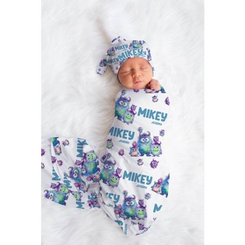Monster Swaddle Blanket, Cute Monsters Personalized Baby Blanket, Personalized Baby Blanket, Baby Shower Gift, Monster Swaddle Set B76