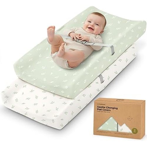 2-Pack Organic Changing Pad Covers for Girl, Boy, Neutral - 100% Cotton Changing Table Pad Cover, Soft Baby Nursery Diaper Changing Pad Sheets, Contour Changing Pads Liners, Change Pad Cover (Herb)