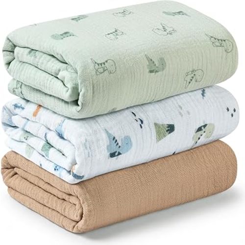 3-Pack Muslin Swaddle Blankets for Newborns Boy,Girl – 47x47 Large Cotton Muslin Baby Blanket, Nursery Swaddling, Neutral, Soft, Breathable, Light Infant Baby Receiving Cover (Dino Park, Regular)