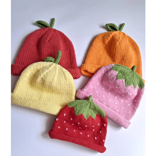 Fruit Beanie Baby Hat with Strawberry Lemon Apple and Orange Design, Toddler Gift for Summer, Knitted Cotton Infant Beanie