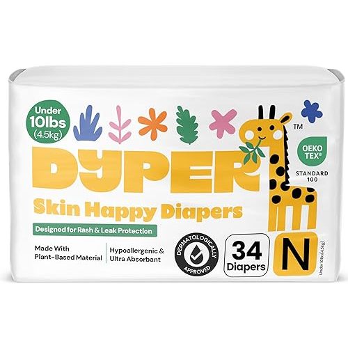 DYPER - Newborn Diapers Size 0 (34Count) - Plant Based Disposable Diapers for Day and Overnight Premium Leak Protection, Skin-Friendly Comfort with Soft Baby Diapers (>10 lbs)