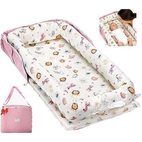 Baby Lounger for Tummy Time Portable,Baby Play mat with Strap,Newborn Lounger Inner Zipper for Boys Girls 0-24 Months,Animal World Pink