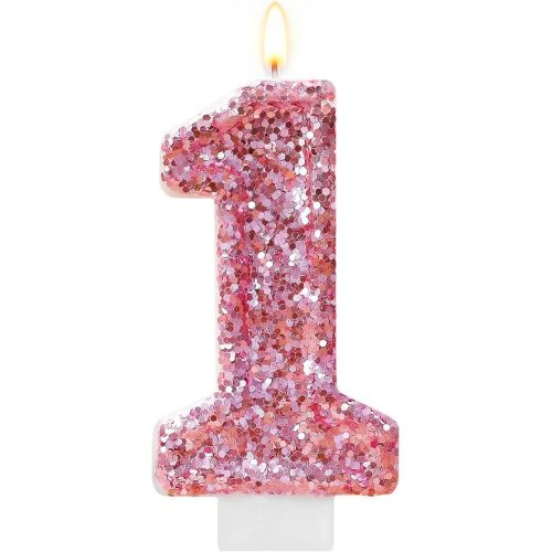 Pink Number 1 Candle Birthday Girl, Glitter Number 1 Candle Cake Topper with Sequins, Princess 1st Birthday Party Decorations for Wedding, Party Supplies