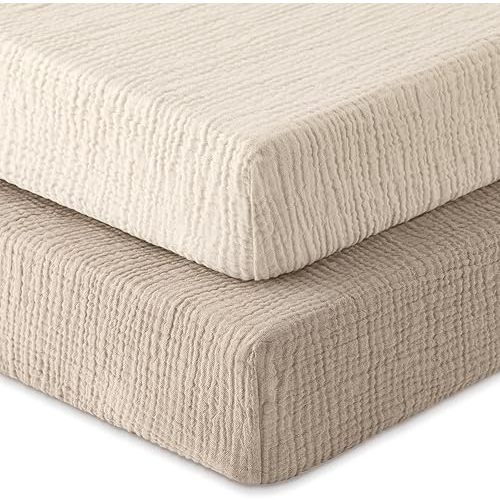 Muslin Crib Sheets for Boys Girls, 100% Cotton Fitted Crib Sheet 2 Pack for Standard Crib and Toddler Mattress, Breathable Soft Baby Sheet 28x52x8in Beige & Khaki