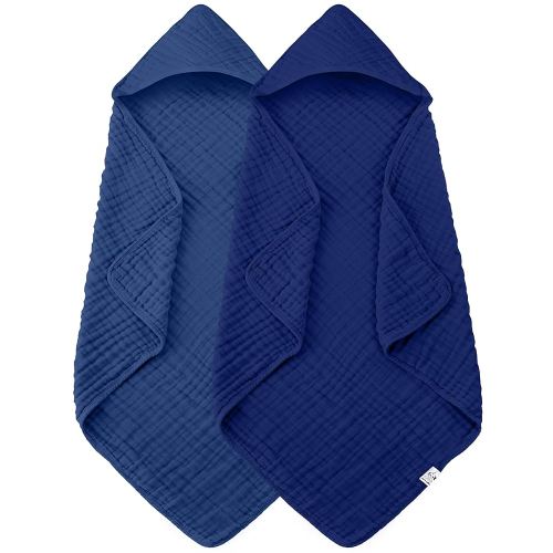 2 Pack Hooded Baby Towels - 100% Muslin Cotton for Newborns, Infants, Toddlers - Large 32x32 Inch Size - Highly Absorbent and Essential for Newborn Care, Deep Navy