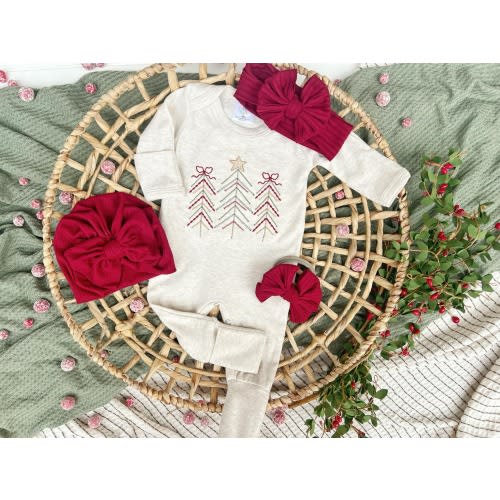 Newborn Christmas oatmeal footie and hat set, custom baby outfit, baby shower gift for boy, red baby hat, oatmeal