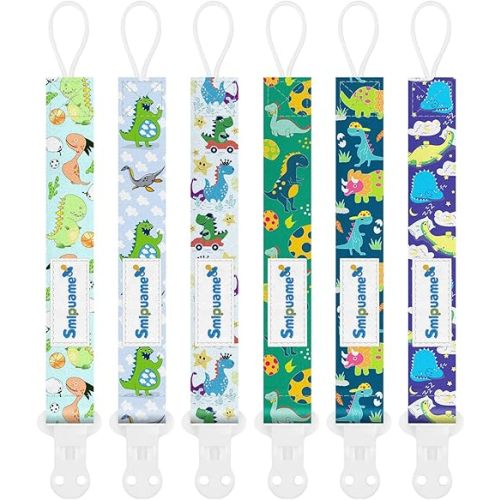 Smlpuame Baby Pacifier Clip for Boys Girl,6 Pack Stylish Binky Clips Strap,Paci Holder with Clips Universal Lightweight Fits Most Pacifiers Teeher Toy Teething Ring Soothie,Baby Gifts(Dinosaur-2)