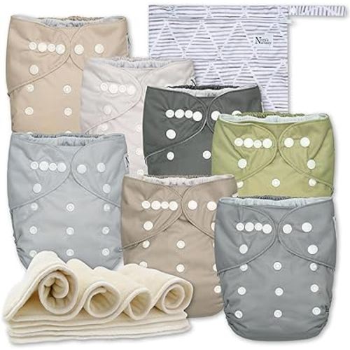 Nora's Nursery Cloth Diapers 7 Pack with 7 Inserts & 1 Wet Bag - Waterproof Cover, Washable, Reusable & One Size Adjustable Pocket Diapers for Newborns and Toddlers - Sand and Stone