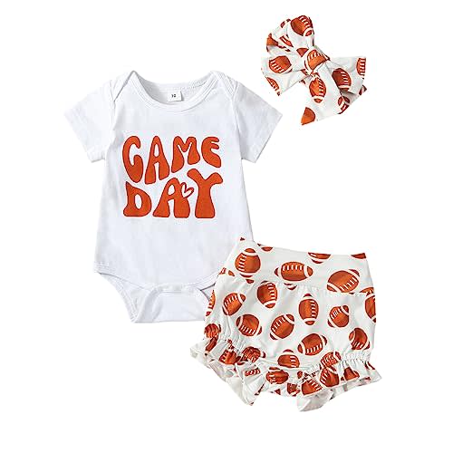 Omkzanbi 3Pcs Newborn Baby Girl Football Outfit Game Day Bodysuit Onesie Ruffle Bloomer Bummie Shorts Cute Coming Home Outfit