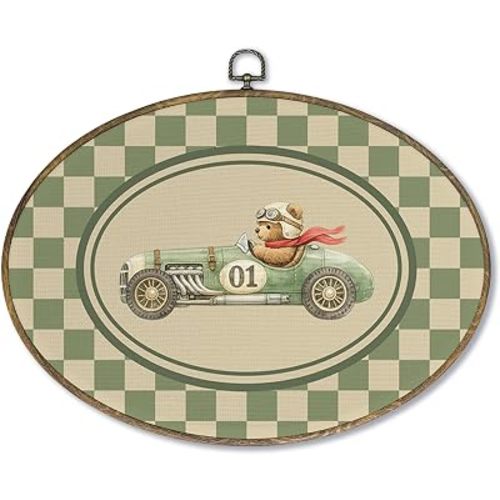 Fewgb Race Car Racer Bear Boys Nursery Oval Wall Art Decor, Baby Boys Toddler Kids Room Playroom Bedroom Canvas Wall Art Framed Prints, Sage Green Checkered Hanging Room Decor Picture Artwork 9x12