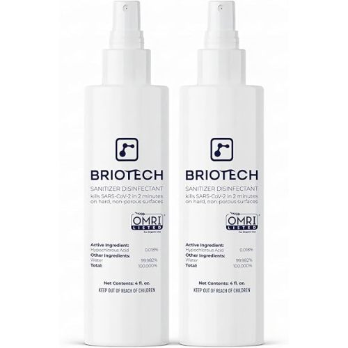 BRIOTECH Sanitizer Disinfectant Hypochlorous Spray, Kill 99.99% of Viruses & Bacteria, Control Mold, Eliminate Odor, Gentle for Nursery & Play Rooms, Food Contact Surface Sanitizer, 4 fl oz (2 Pack)