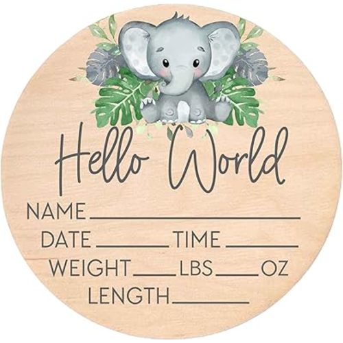Birth Stat Sign for Newborn - Baby Name Announcement - Hello World Elephant Hospital Photography Prop - Jungle Safari