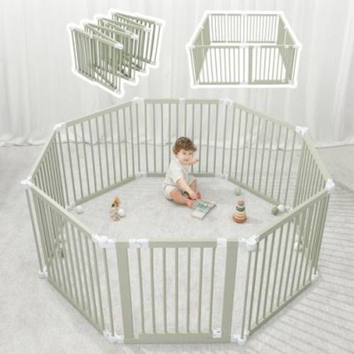 Baby Playpen & Baby Gate for Toddler and Babies, Foldable Wooden Large Shape Playpen with Locking Gate by Comfy Cubs - Sage