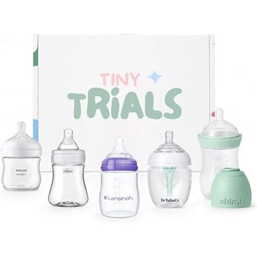 Baby Bottle Trial Pack Variety Box for Newborns – 5 Bottles Featuring Chicco, Dr. Talbot’s, Shimi, Lansinoh & Philips Avent – Anti-Colic, Breastfeeding-Friendly Baby Registry Gift, Tiny Trials