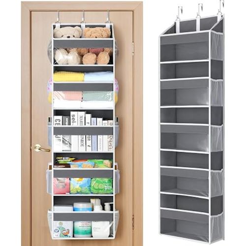 Yecaye 5 Tier Clear Over the Door Organizer Hanging, 5 Large Plastic Pockets and 10 Side Pockets Back of Door Organizer, 56lbs Weight Capacity Behind the Door Storage for Nursery, Deep Gray