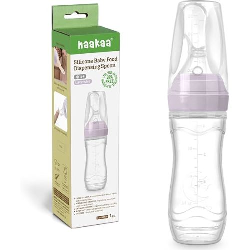 Haakaa Silicone Baby Food Dispensing Spoon Feeder 4oz - Infant Squeeze Cereal Feeder, Baby Fresh Food Feeder, Feed Bottle for Puree, Solid Baby Food, BPA Free, 4m+ Babies – Lavender