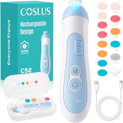 COSLUS C52 Rechargeable Baby Nail File: Cordless Baby Nail Trimmer Electric with 5 Speeds & 6 Grinding Heads for Baby Kid, CPC Certified and Quiet Design - Safe for Sleep Trim Buffer, Blue