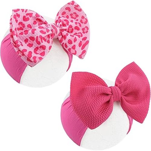 YanJie 2PCS 6’’ Hot Pink Bows for Baby Girls Leopard Headband Pink Bow Infants Toddler Hair Accessories Newborn Headbands Hair Bow Baby Clothes