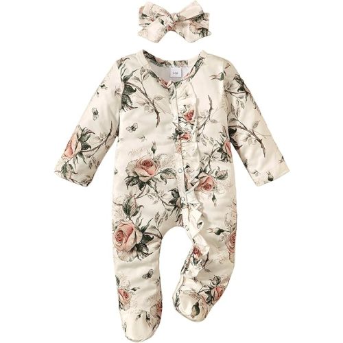 Yvowming Newborn Baby Girl Clothes Ruffle Jumpsuit Romper Infant Coming Home Outfit for Baby Girl