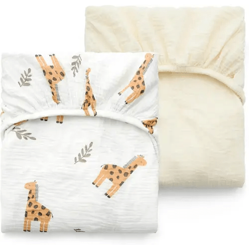 Momcozy Muslin Standard Fitted Crib Sheets, 52"x28", 2 Pack Soft Breathable Natural Cotton Baby Mattress Sheet, 360° Mattress Wrapping No Slip Boys Girls Neutral Toddler Bed Sheet, Bravery Giraffe