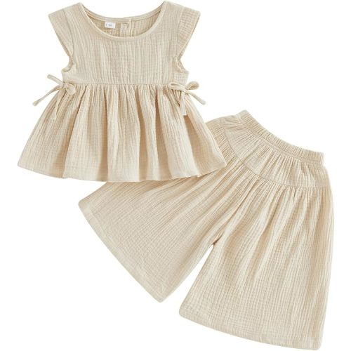 Baby Girl Summer Clothes Outfit Cotton Linen Sleeveless Ruffle Shirt and Wide Leg Pants Toddler Girls Clothes Set
