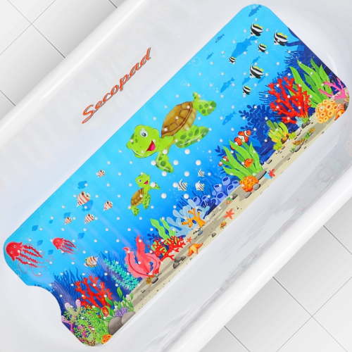 Bath Mat for Tub Non Slip, Machine Washable Anti-Slip Cartoon Baby Bathtub Shower Mat with Drain Holes and Suction Cups for Toddler & Kids (40 Inch x 16 Inch-Rectangular, Turtles)