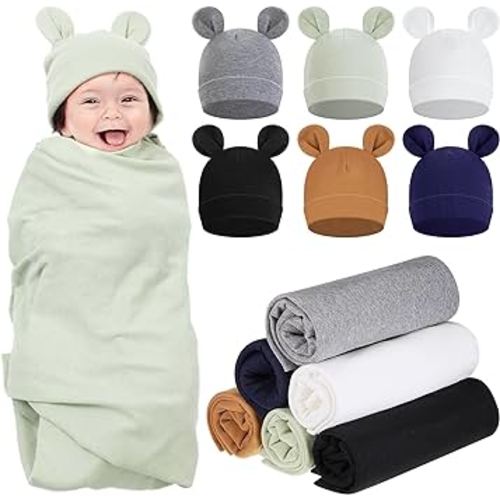 Ramede 6 Set Baby Swaddle Blanket and Hat, 100% Cotton Newborn Receiving Blanket Wrap with Headband, 31.5" Soft, Breathable for Girl Boy Nursery Sleep Cradle Sheet Breastfeed Cover(Simple,Multicolor)