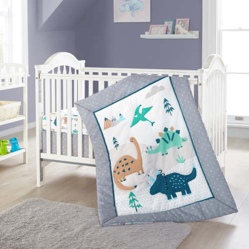 Lanco Cute Baby Dinosaur 3 Piece Baby Nursery Crib Bedding Set Grey/White, Bed Size 33 x 42 Fill Polyester, Animal Print, Soft & Comfortable