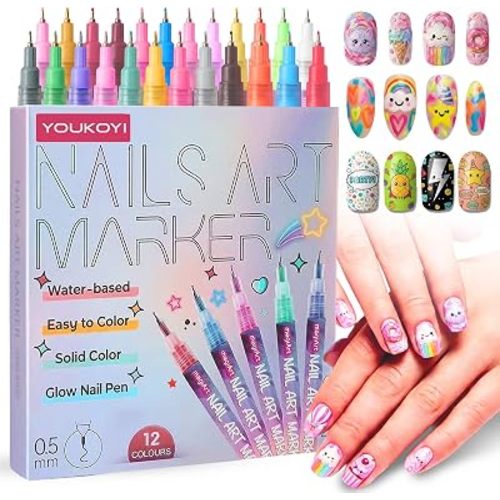 YOUKOYI Nail Art Pens, 12 Colors Precision Tip Nail Art Markers Set Easy to Use for Beginners, Vibrant Quick-Dry Paint for DIY Nail Design & Detailed Drawing - Professional Manicure Tools Kit
