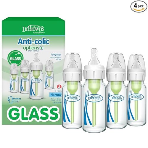 Dr. Brown's Anti-Colic Options+ Narrow Glass Baby Bottle with Level 1 Slow Flow Nipple, BPA-Free, 4 oz/120mL, 4-Pack