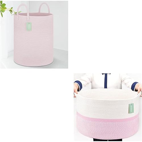 Tall Laundry Basket 65L and Extra Large Cotton Rope Basket For Girls Boys Kids 87L, Nursery Hamper, Large Laundry Basket, Woven Basket Organizer For Storage Toys Blankets Clothes, Light Pink