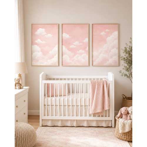 Set of 3 Pink Cloud Nursery Art, Blush Sky Baby Girl Decor