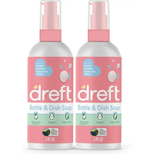 Dreft Bottle and Dish Soap | Made to Clean Baby Bottles, Sippy Cups, Pacifiers, Breast Pumps, & More | Gently Removes Milk Film & Odors | Plant Based, Fragrance Free Dish Soap | 3 Fl Oz (Pack of 2)